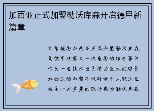 加西亚正式加盟勒沃库森开启德甲新篇章